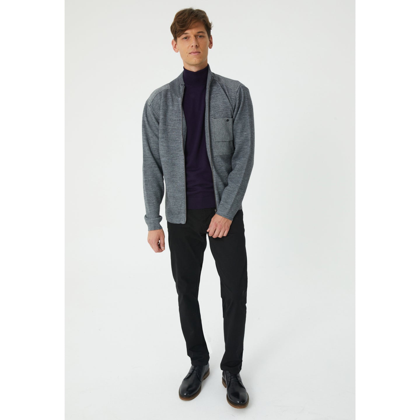 Grey Wool Blend Zip-Up Cardigan